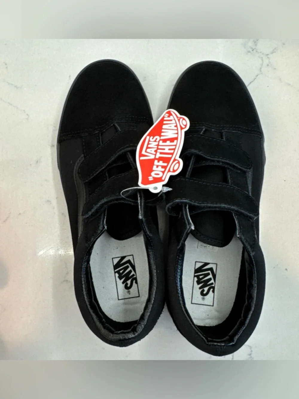 NEW Vans Kids All Black Old Skool V Velcro Skate Shoes Suede Toe Sneakers